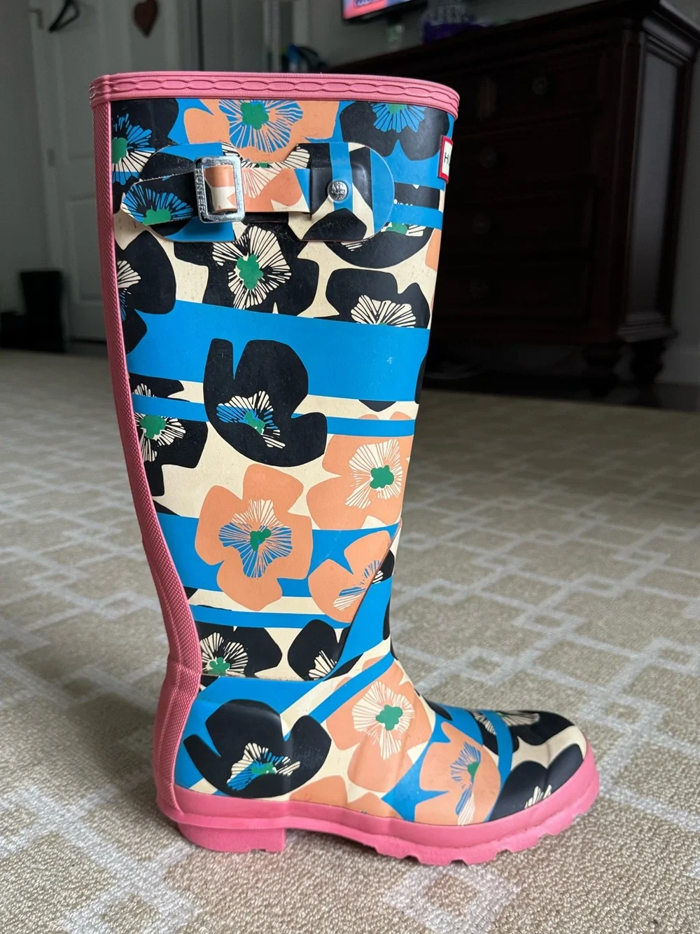 Hunter Original Tall Floral Print Rain Boots Waterproof Pink Blue Women’s US 7